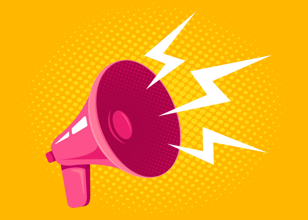 A pink megaphone on a bright yellow background