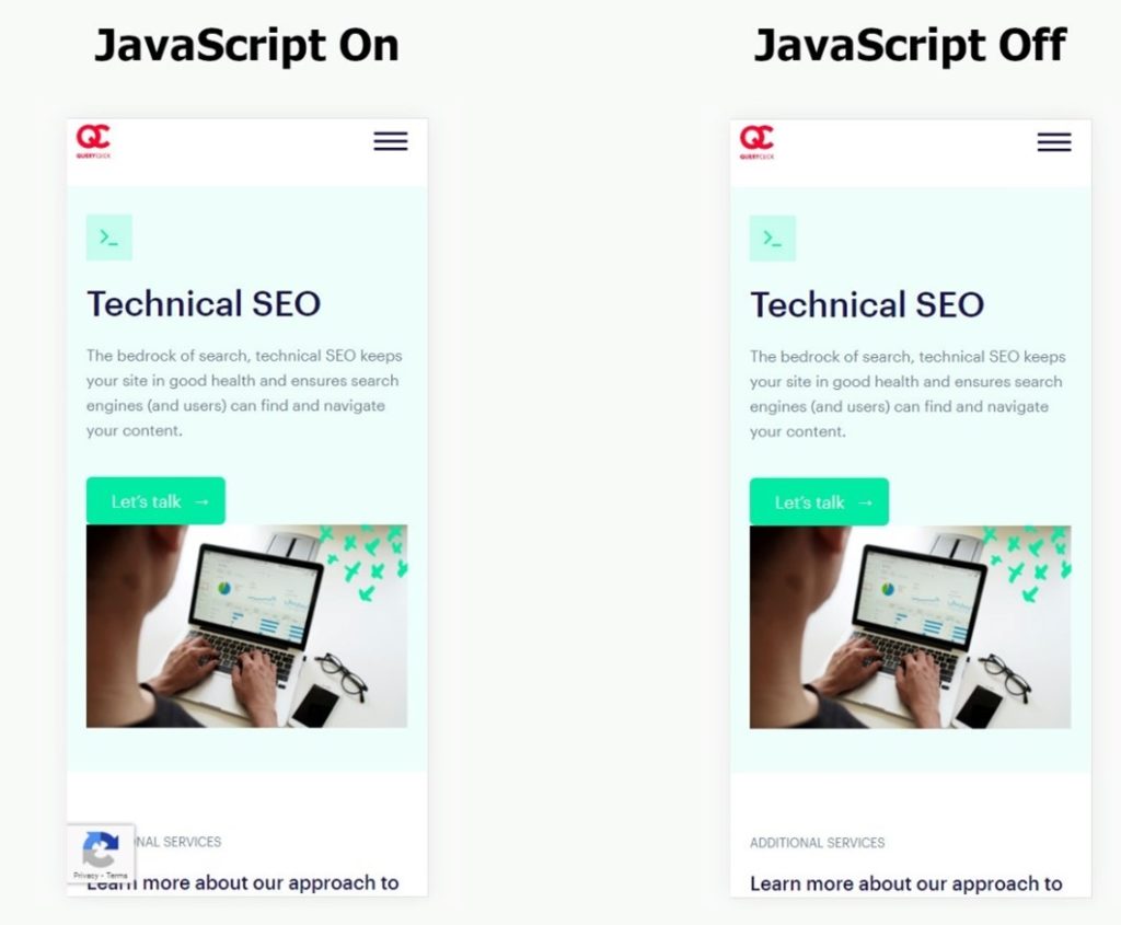 QueryClick’s Technical SEO page with JavaScript both on and off